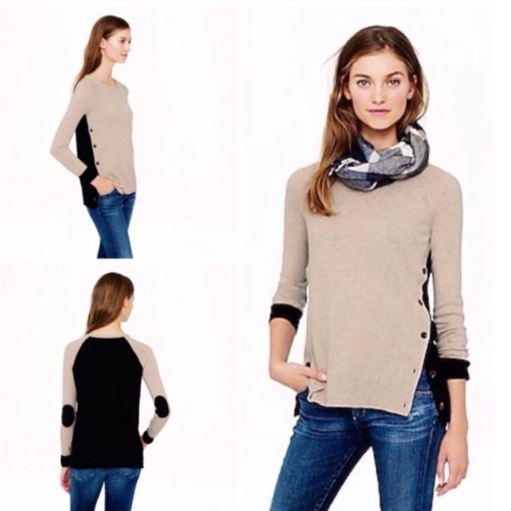 J. Crew Black and Tan Side Button Elbow Patch Color Block Wool Blend Sweater - Picture 1 of 6